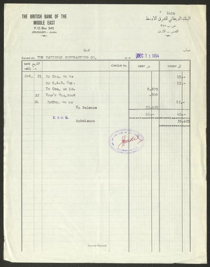 An Account Statement from the British Bank of the Middle East to the National Contracting Co., 1964