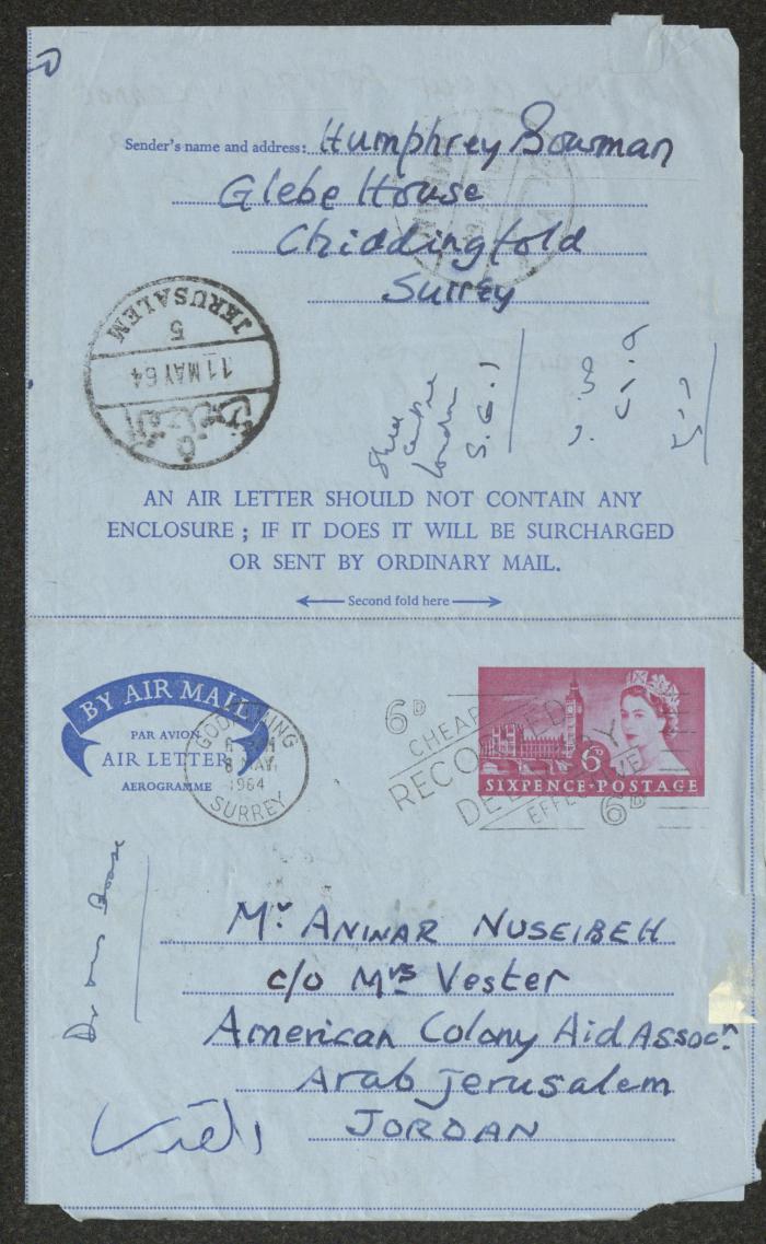 A Letter from Humphry Bousman to Anwar Nusseibeh, England, 8 May 1964