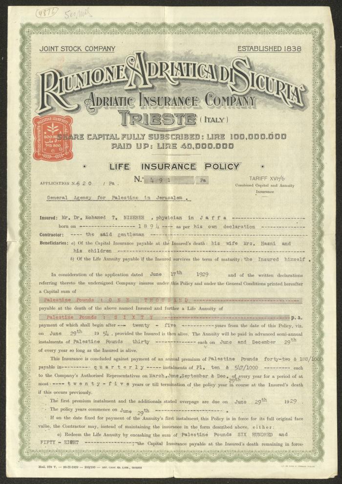 Mohammad Nusseibeh's Life Insurance, Jerusalem, 1929