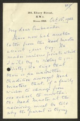 A Letter from Eton College to Anwar Nusseibeh, 18 October 1966