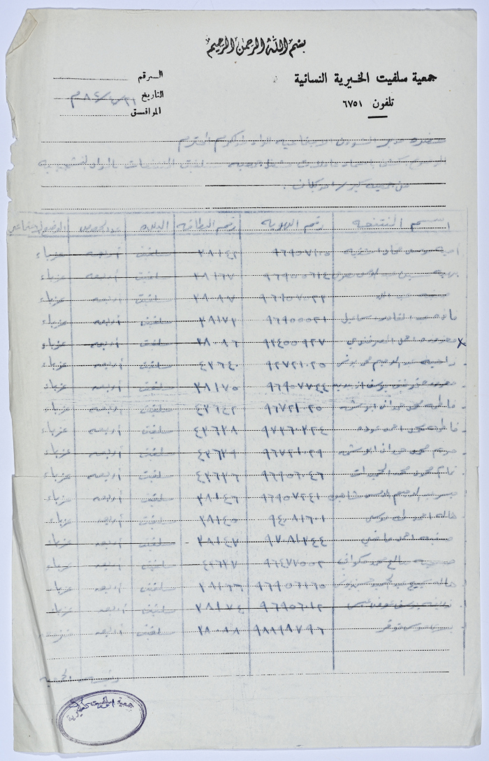 A list of names of the workers in Salfeet Women Charity's sewing workshop in 1982