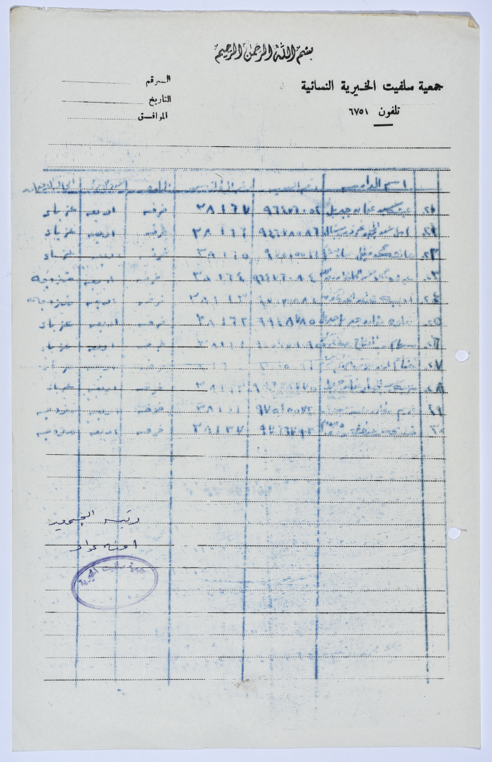 A list of names of the female students of Salfeet Women Charity’s literacy classes in Farkha village in1981