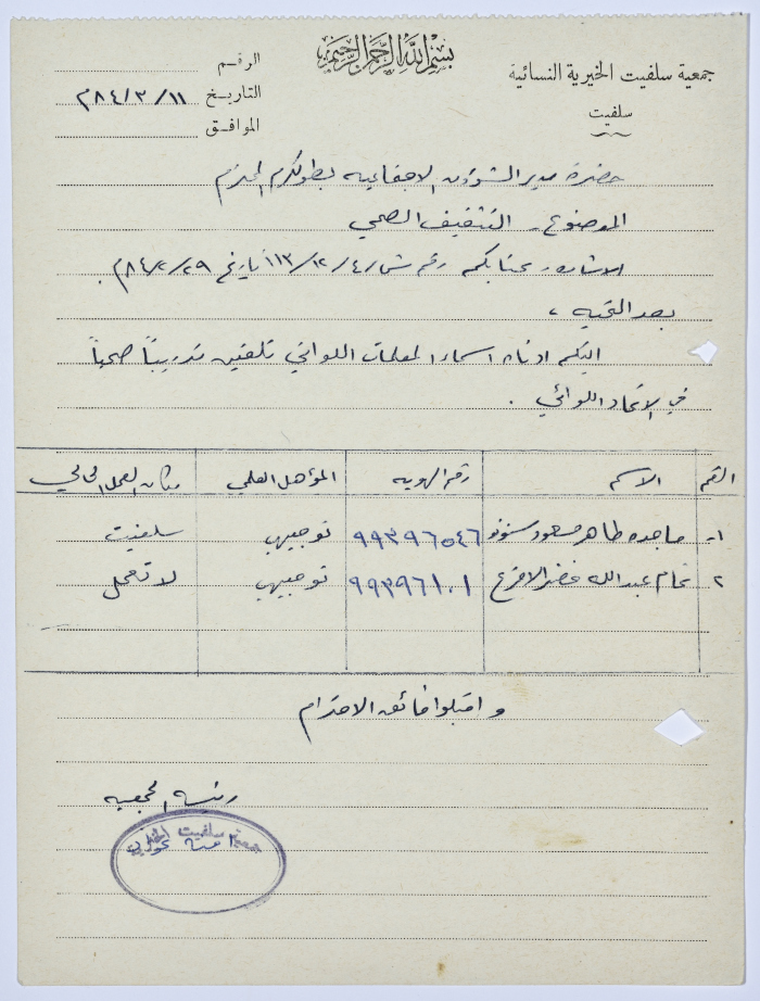 Letter from the Manager of Salfeet Women Charity to the Director of Social Affairs of Tulkarm District regarding the Charity's health education program