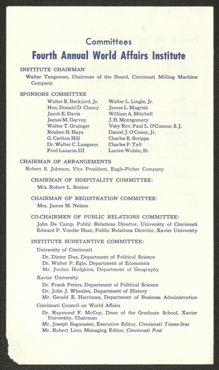 The Programme of the 5th Annual World Affairs Institute, Cincinnati, 1958