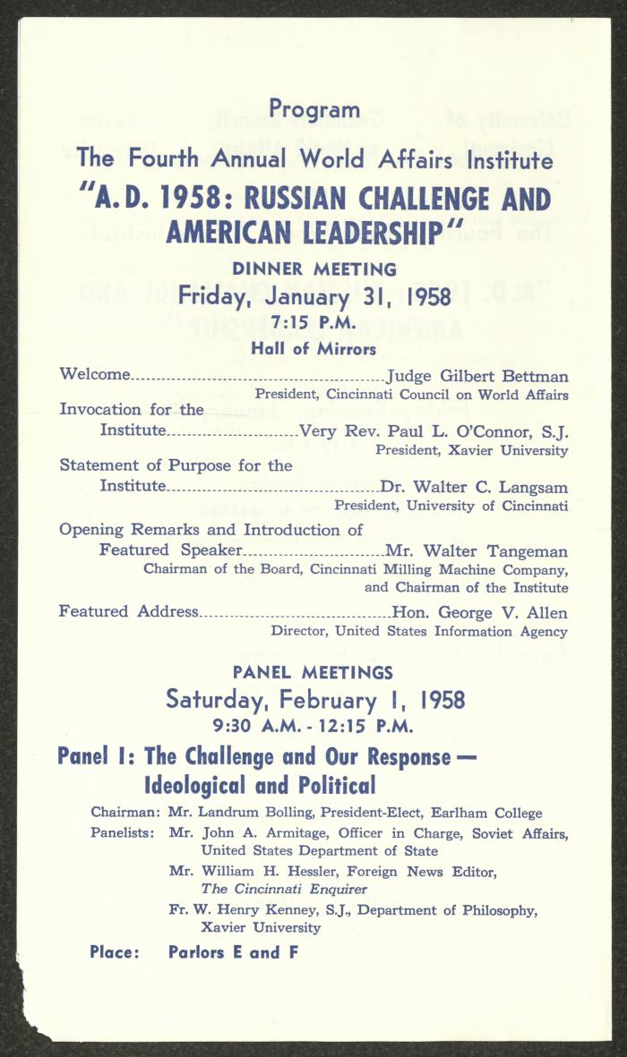 The Programme of the 5th Annual World Affairs Institute, Cincinnati, 1958