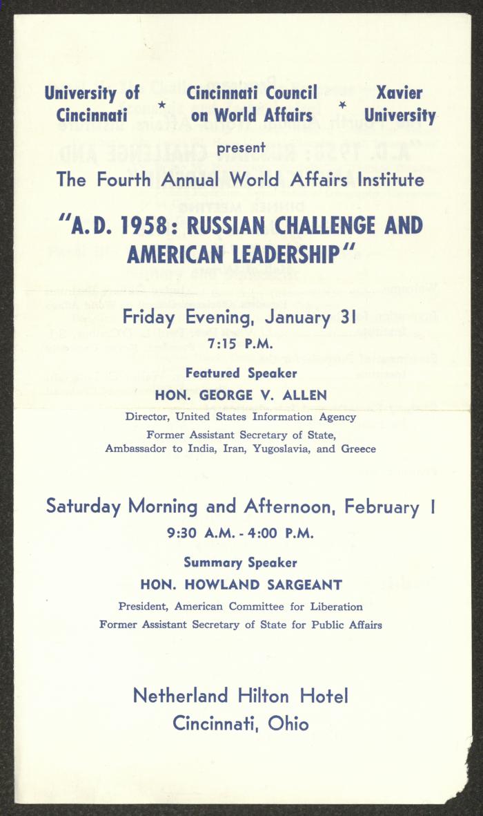 The Programme of the 5th Annual World Affairs Institute, Cincinnati, 1958