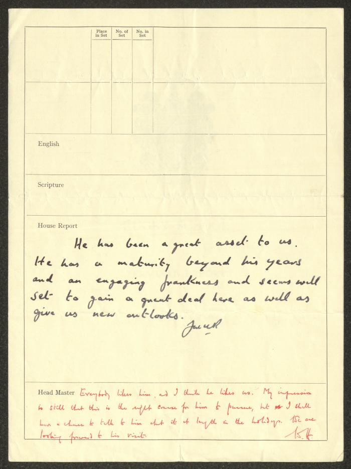 The Terminal Report by the Rugby School for Zaki Anwar Nusseibeh, London, 1962