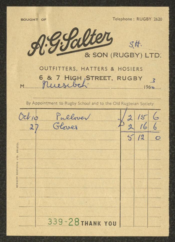 Invoices Issued to Zaki Nusseibeh from Rugby Schools, 1962
