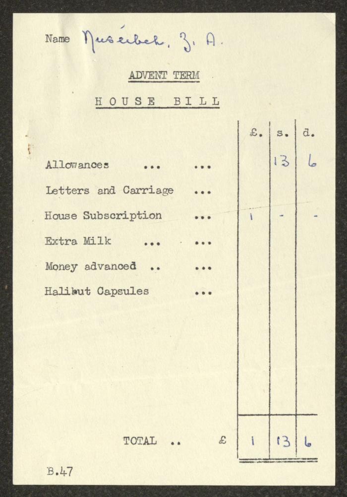 Invoices Issued to Zaki Nusseibeh from Rugby Schools, 1962