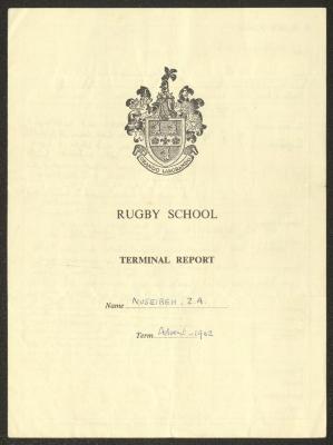 The Terminal Report by the Rugby School for Zaki Anwar Nusseibeh, London, 1962