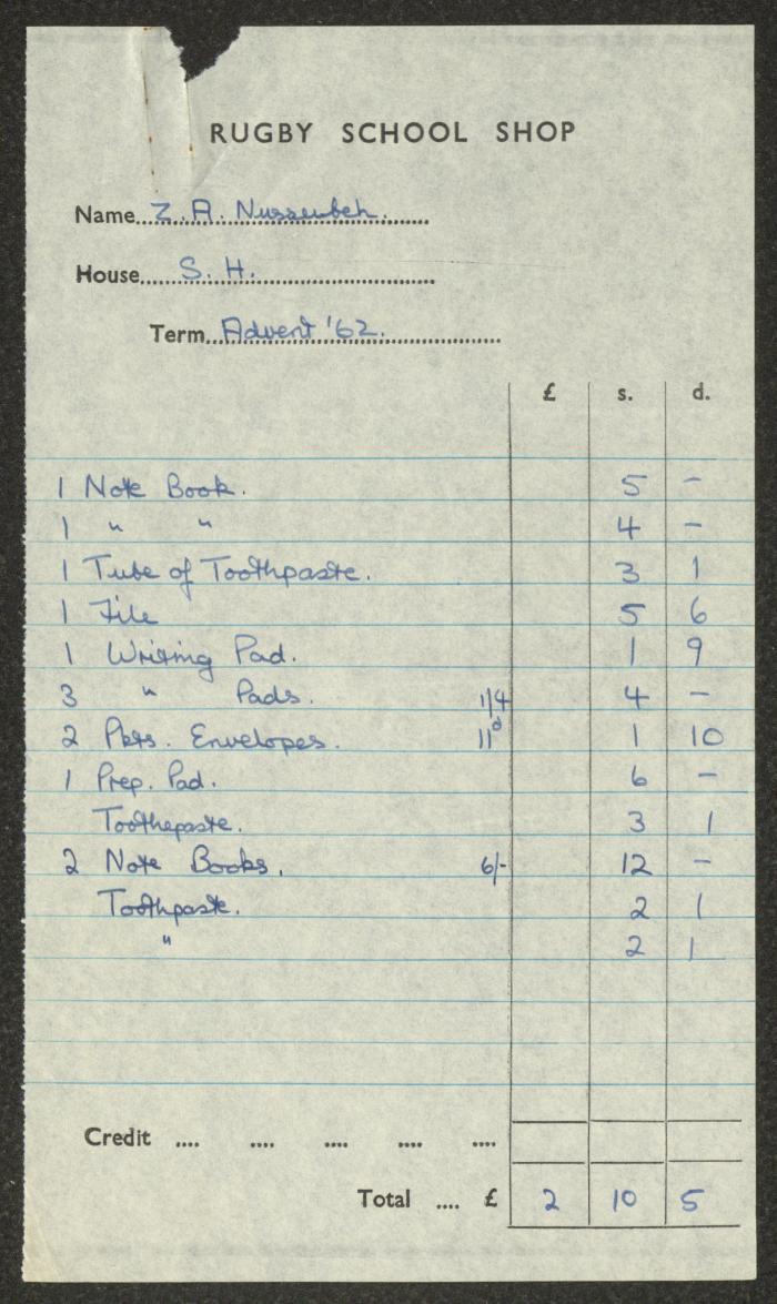 Invoices Issued to Zaki Nusseibeh from Rugby Schools, 1962