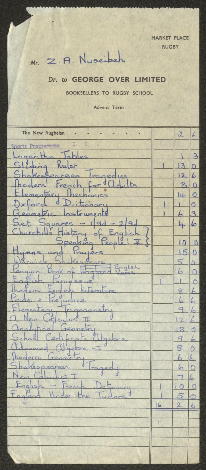 Invoices Issued to Zaki Nusseibeh from Rugby Schools, 1962