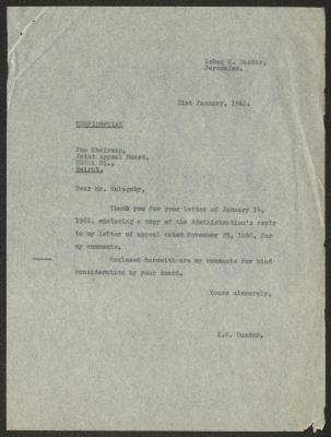 A Letter from Ishaq Duzdar to the Joint Appeal Board at the UNRWA, Jerusalem, 21 January 1961