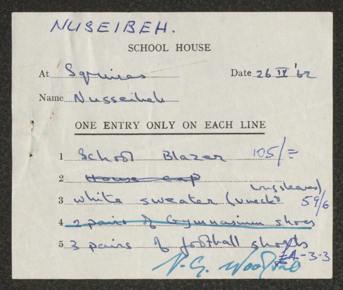 Invoices Issued to Zaki Nusseibeh from Rugby Schools, 1962