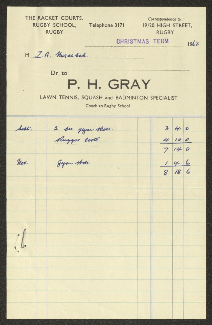 Invoices Issued to Zaki Nusseibeh from Rugby Schools, 1962