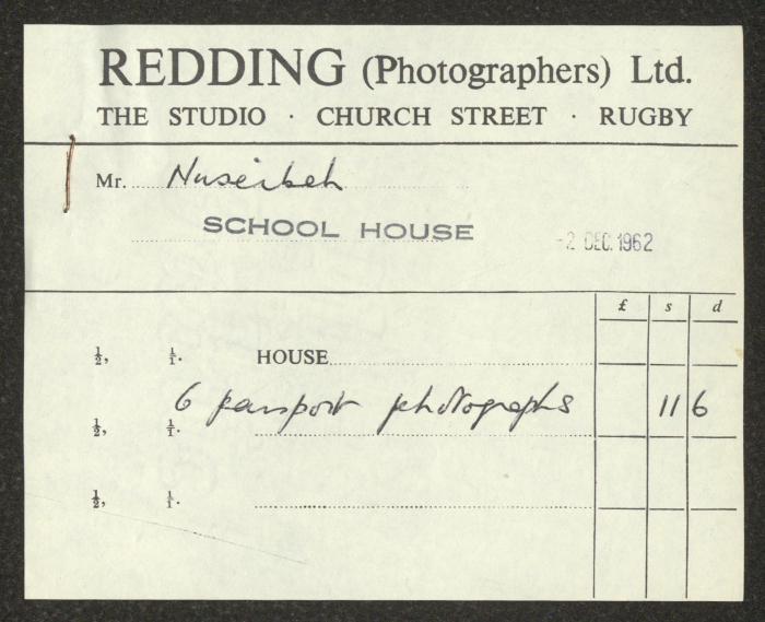 Invoices Issued to Zaki Nusseibeh from Rugby Schools, 1962