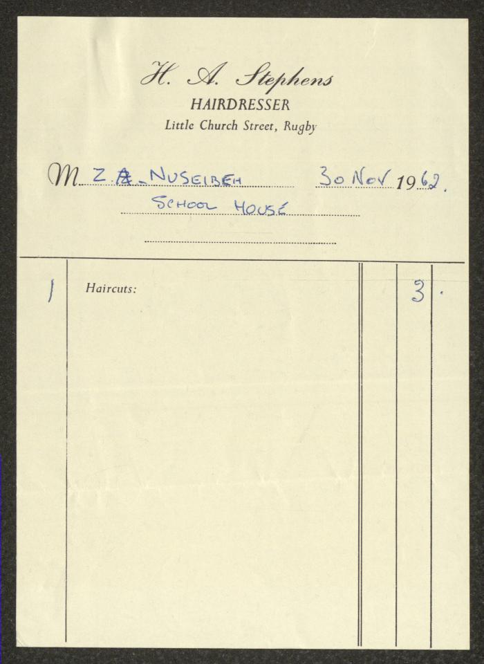 Invoices Issued to Zaki Nusseibeh from Rugby Schools, 1962