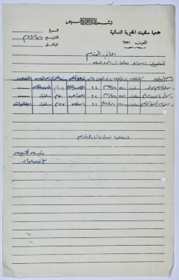 رسالة من رئيسة جمعية سلفيت الخيرية تتضمن كشفاً بأسماء معلمات رياض الأطفال التابع للجمعية 