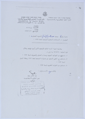 رسالة إلى رئيسة جمعية سلفيت الخيرية من مدير الشؤون الاجتماعية التابع للإدارة المدنية في الضفة الغربية بخصوص الحسابات الختامية للجمعية لسنة 1992 