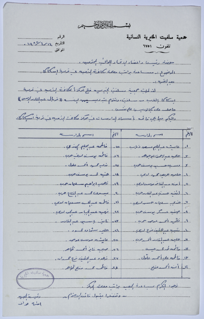 رسالة من رئيسة جمعية سلفيت الخيرية إلى رئيس اتحاد الجمعيات الخيرية لمحافظة نابلس ولواء جنين بخصوص تكاليف مركز محو الأمية في قرية إسكاكا 