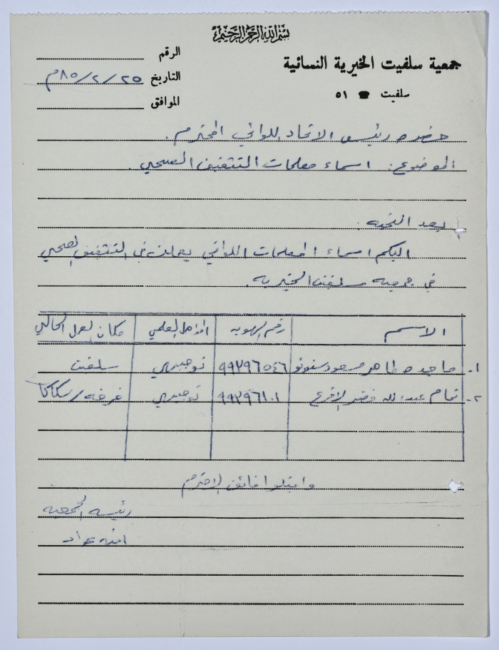 Letter from the Manager of Salfeet Women Charity to the head of the Federation of Charitable Associations in Nablus and Jenin Districts regarding the health education program