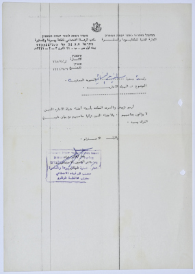 رسالة إلى رئيسة جمعية سلفيت الخيرية من مدير الشؤون الاجتماعية التابع للإدارة المدنية في الضفة الغربية بخصوص أعضاء الهيئة الإدارية للجمعية 