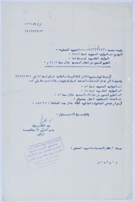 رسالة إلى رئيسة جمعية سلفيت الخيرية من مدير الشؤون الاجتماعية التابع للإدارة المدنية في الضفة الغربية لانتهاء السنة المالية للعام 1987 