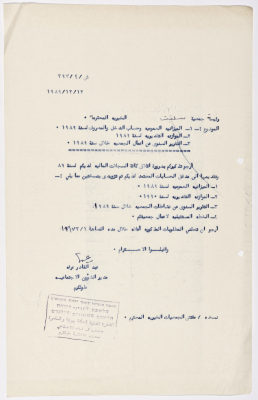 رسالة إلى رئيسة جمعية سلفيت الخيرية من مدير الشؤون الاجتماعية التابع للإدارة المدنية في الضفة الغربية لانتهاء السنة المالية للعام 1989