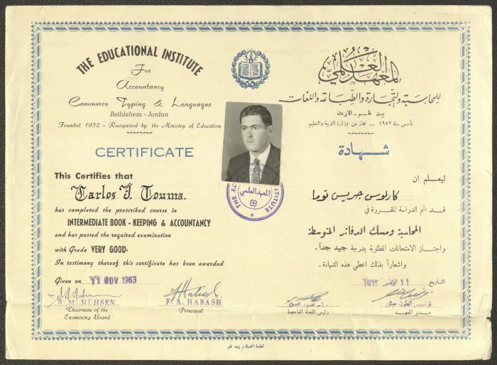 Carlos Touma's Accountancy Certificate, 11 November 1963