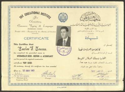 Carlos Touma's Accountancy Certificate, 11 November 1963