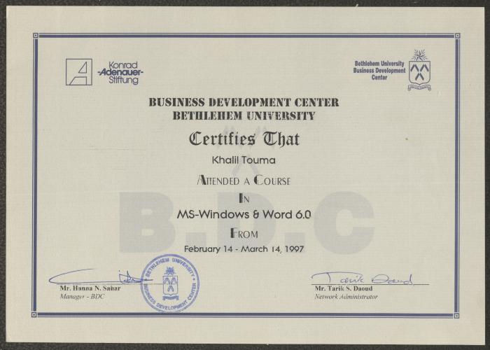 A Certificate in MS-Windows and Word 6.0 for Carlos Touma, March 1997