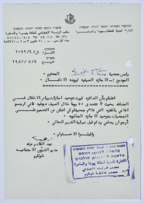 رسالة إلى رئيسة جمعية سكاكا الخيرية من مدير الشؤون الاجتماعية التابع للإدارة المدنية في الضفة الغربية بخصوص العطلة الصيفية لرياض الأطفال 
