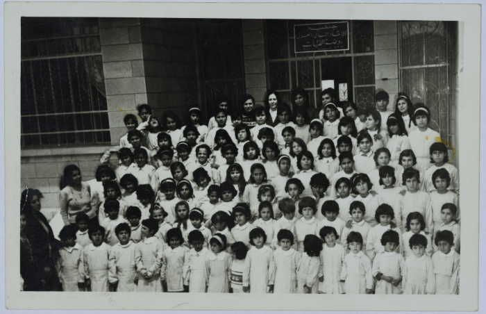 A group of students in front of the Arab Women Union Society in Nablus