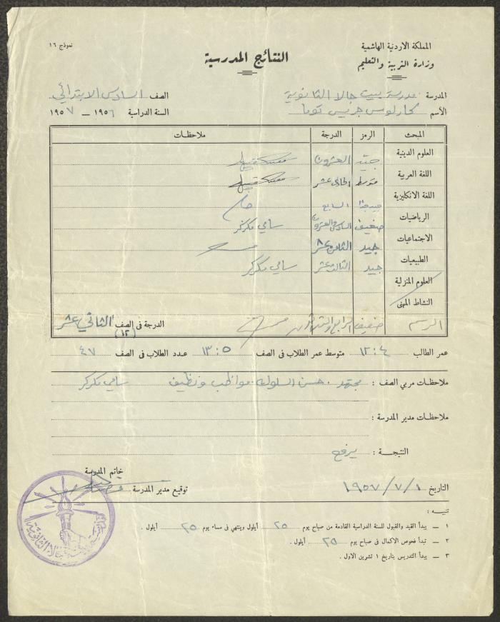  كشف العلامات المدرسية لكارلوس توما، 1 تموز 1957