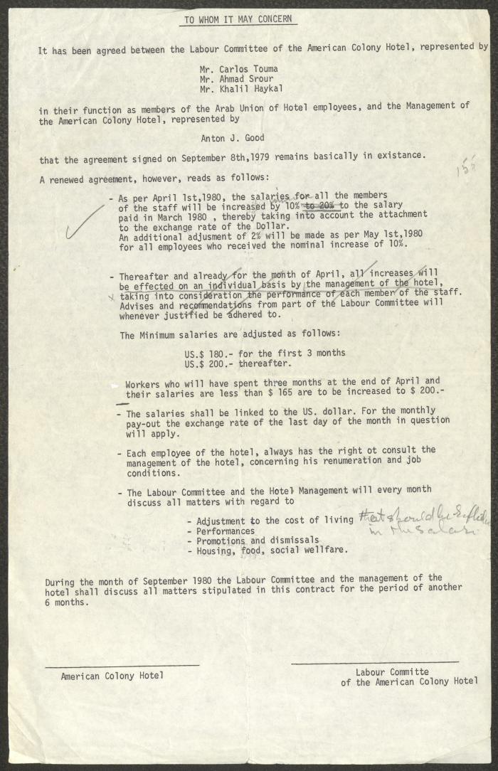 Agreement Between the Union Body and the Director of the American Colony Hotel, Jerusalem, 1979
