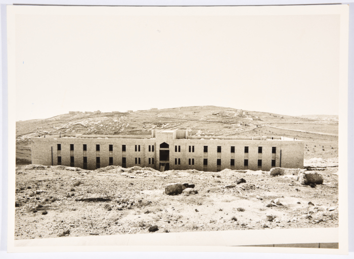 The northern façade of the Manama building at the Arab Institute in Abu Dis during construction