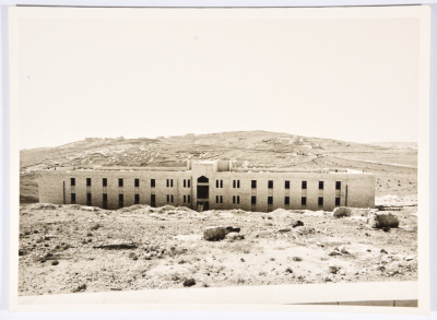 The northern façade of the Manama building at the Arab Institute in Abu Dis during construction