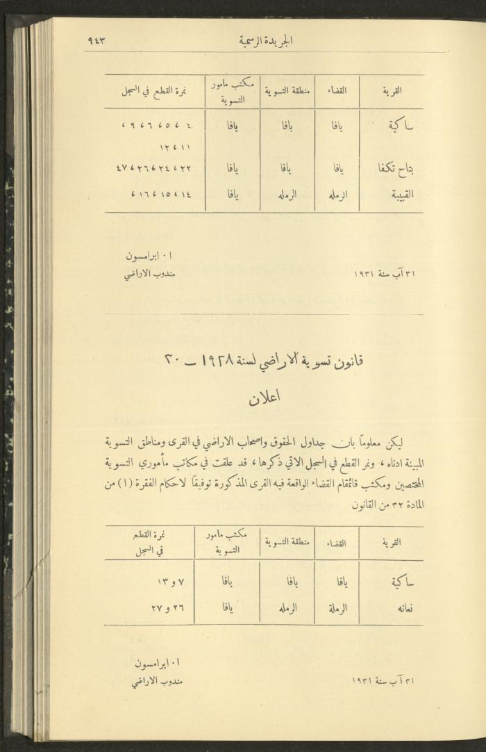 Issue No. 291 of the Official Palestine Newspaper, 16 September 1931
