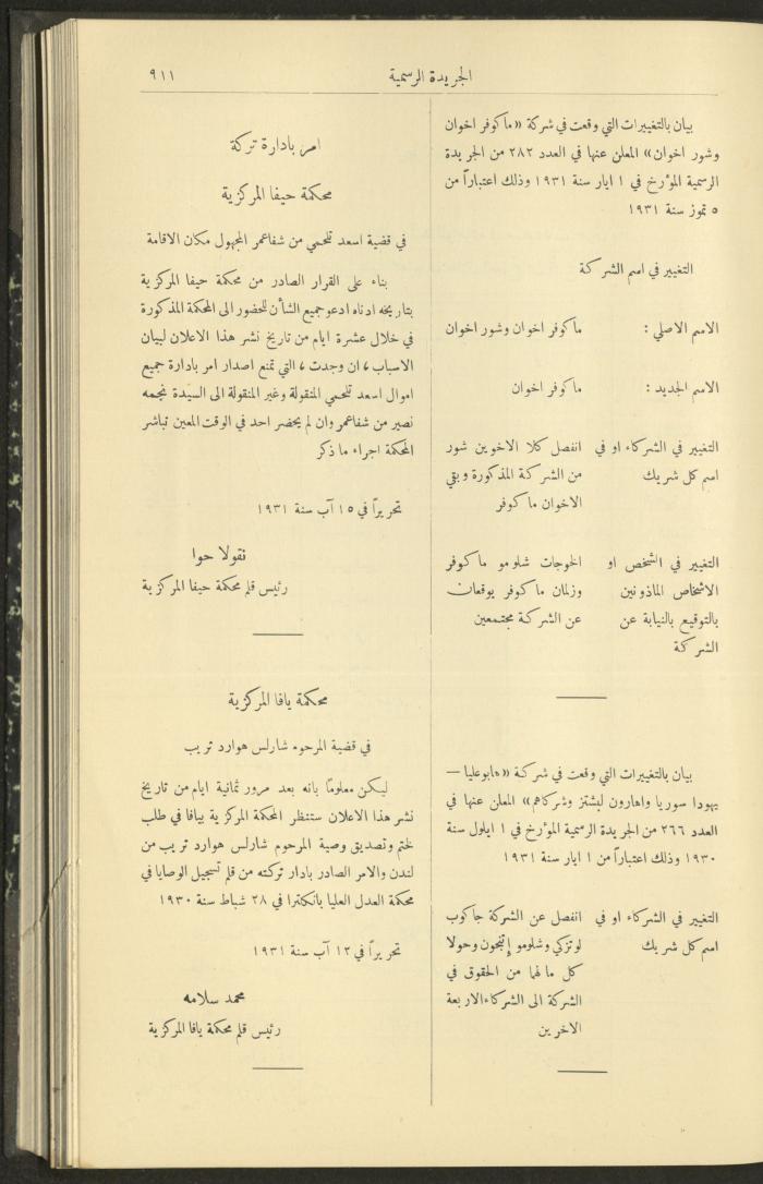 Issue No. 290 of the Official Palestine Newspaper, 1 September 1931
