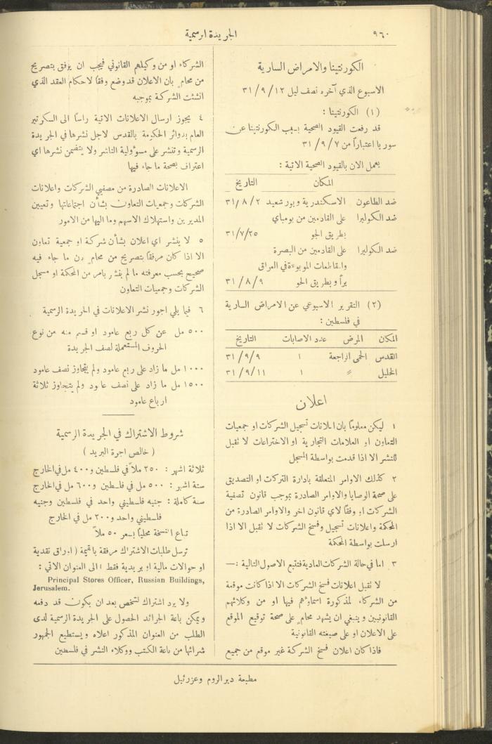 Issue No. 291 of the Official Palestine Newspaper, 16 September 1931
