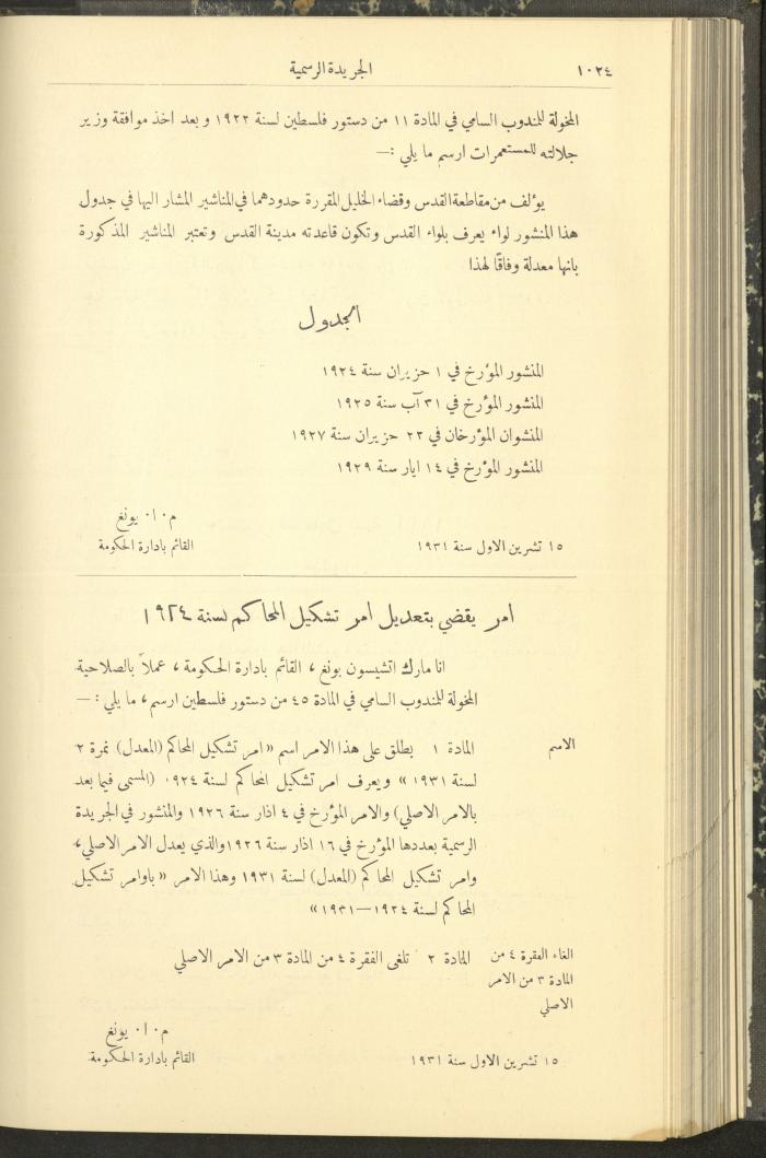 العدد 293 من جريدة حكومة فلسطين الرسمية، 16 تشرين الأول 1931