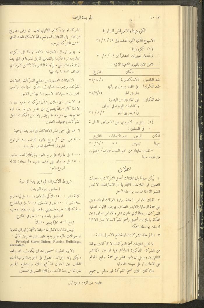 Issue No. 292 of the Official Palestine Newspaper, 1 October 1931
