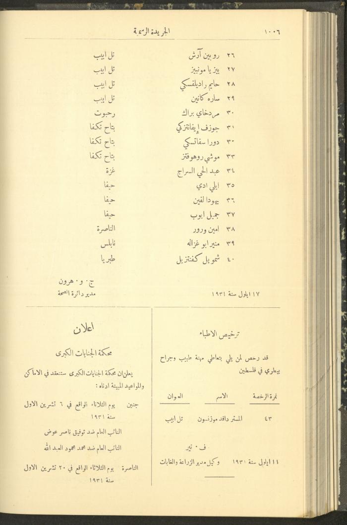 Issue No. 292 of the Official Palestine Newspaper, 1 October 1931
