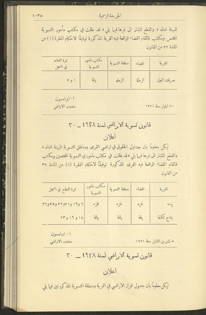 العدد 293 من جريدة حكومة فلسطين الرسمية، 16 تشرين الأول 1931