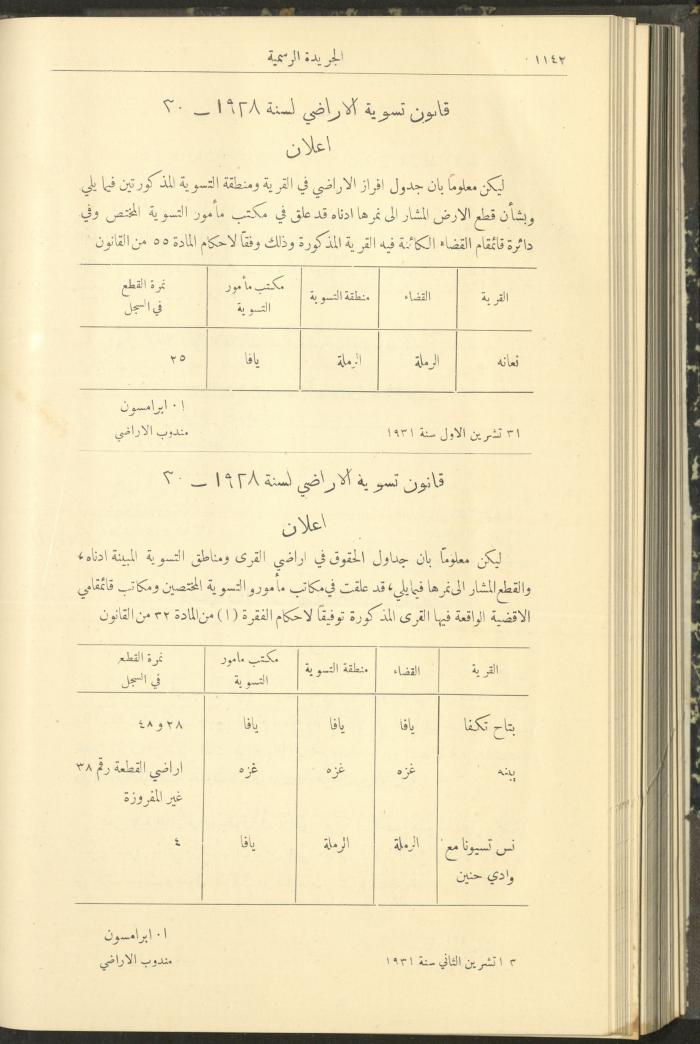 Issue No. 295 of the Official Palestine Newspaper, 16 November 1931
