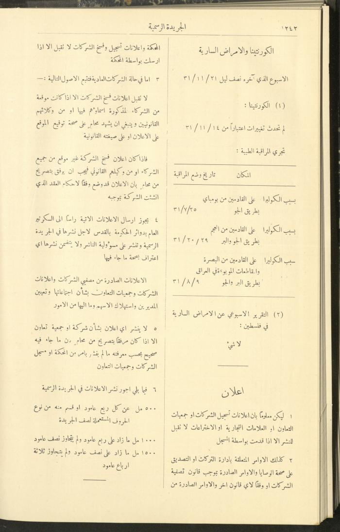 Issue No. 296 of the Official Palestine Newspaper, 1 January 1931
