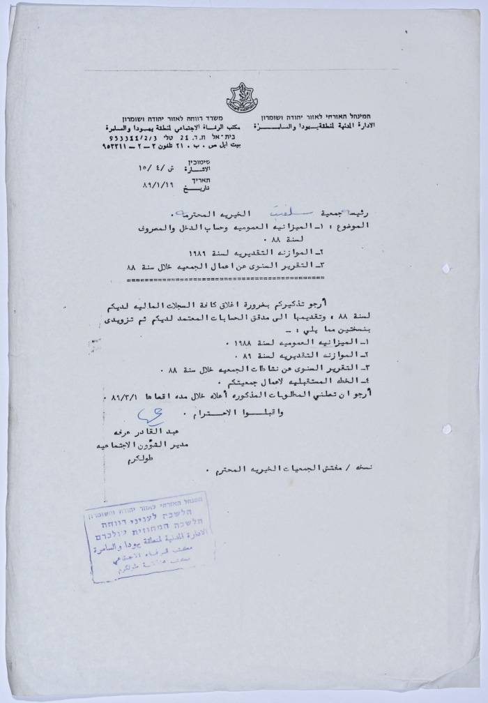 Letter to the Manager of Salfeet Women Charity from the Director of Social Affairs of the Civil Administration in the West Bank regarding the end of the fiscal year for 1988