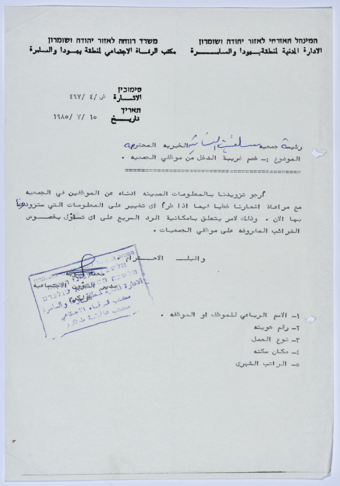 Letter to the Manager of Salfeet Women Charity from the Director of Social Affairs of the Civil Administration in the West Bank regarding the taxation on the Charity's employees