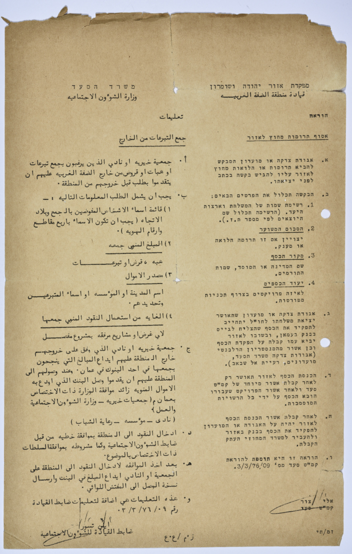 تعليمات صادرة عن ضابط الشؤون الاجتماعية التابع للحاكم العسكري الصهيوني بخصوص جمع التبرعات من الخارج 