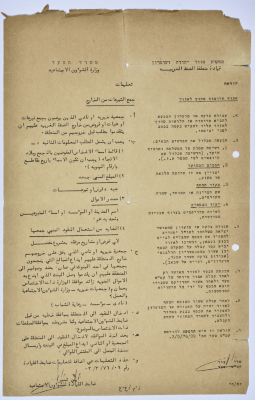 تعليمات صادرة عن ضابط الشؤون الاجتماعية التابع للحاكم العسكري الصهيوني بخصوص جمع التبرعات من الخارج 